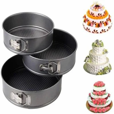Pack Of 3 Teflon Coated Carbon Steel Springform Round Cake Baking Pan for Microwave 